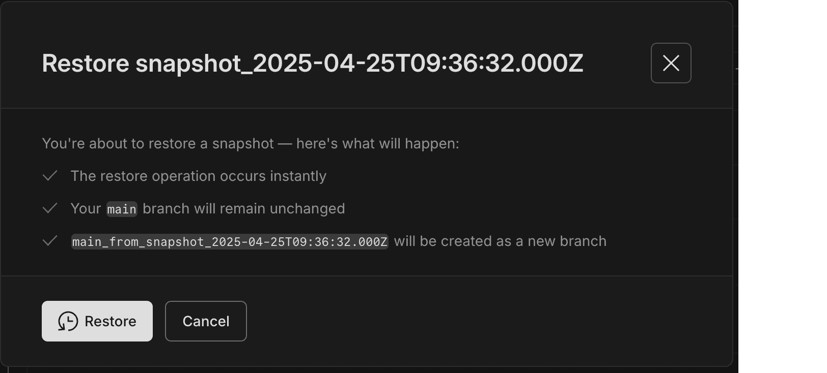 Restore from snapshot confirmation modal