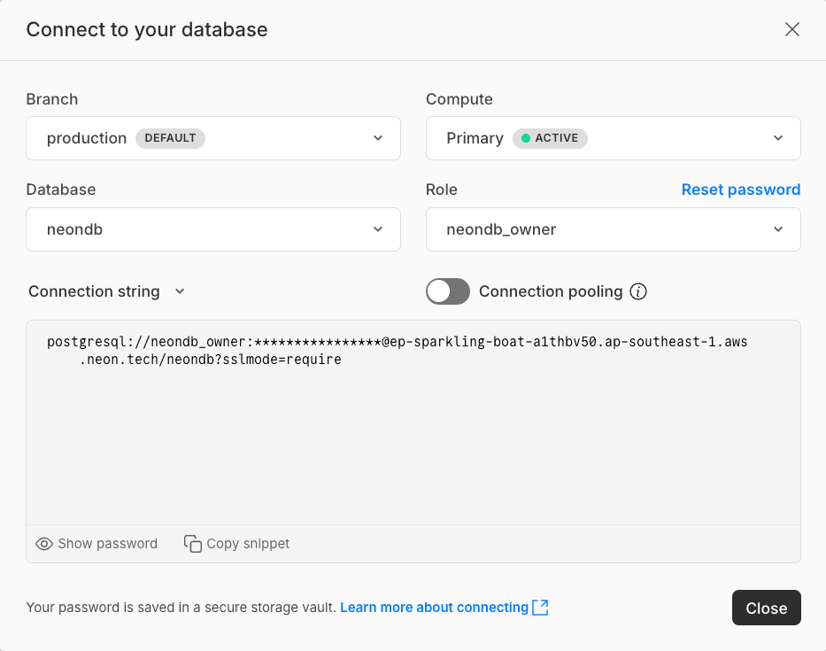 Neon Console production direct connection string